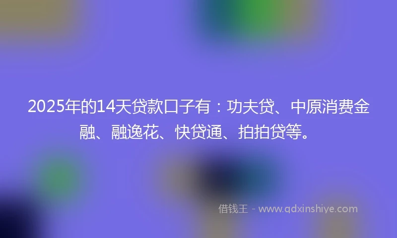 2025年的14天贷款口子有：功夫贷、中原消费金融、融逸花、快贷通、拍拍贷等。