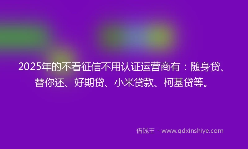 2025年的不看征信不用认证运营商有：随身贷、替你还、好期贷、小米贷款、柯基贷等。