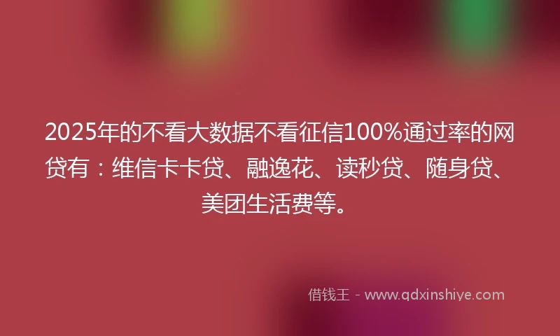 2025年的不看大数据不看征信100%通过率的网贷有：维信卡卡贷、融逸花、读秒贷、随身贷、美团生活费等。