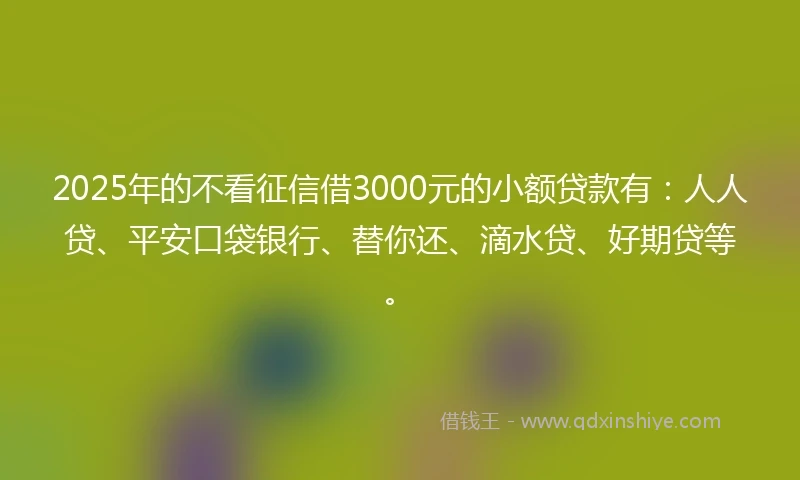 2025年的不看征信借3000元的小额贷款有：人人贷、平安口袋银行、替你还、滴水贷、好期贷等。