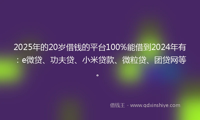 2025年的20岁借钱的平台100%能借到2024年有：e微贷、功夫贷、小米贷款、微粒贷、团贷网等。