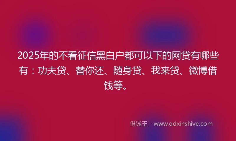 2025年的不看征信黑白户都可以下的网贷有哪些有：功夫贷、替你还、随身贷、我来贷、微博借钱等。