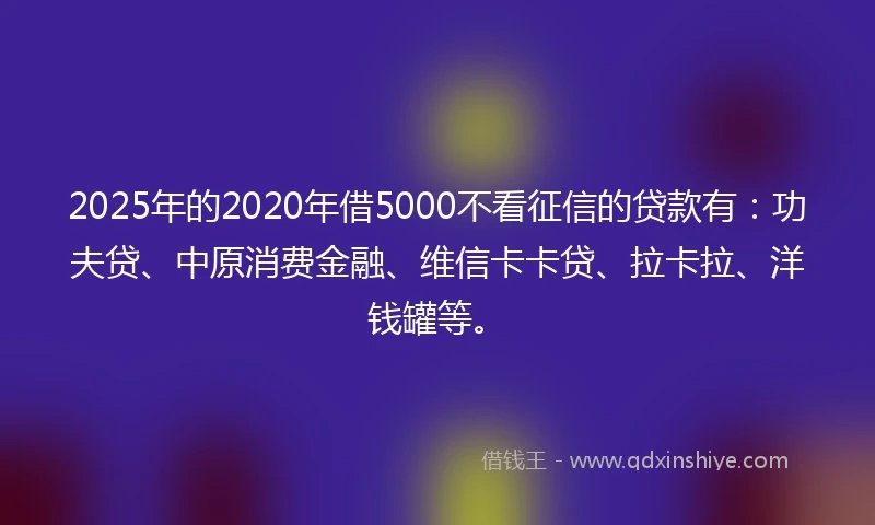 2025年的2020年借5000不看征信的贷款有：功夫贷、中原消费金融、维信卡卡贷、拉卡拉、洋钱罐等。