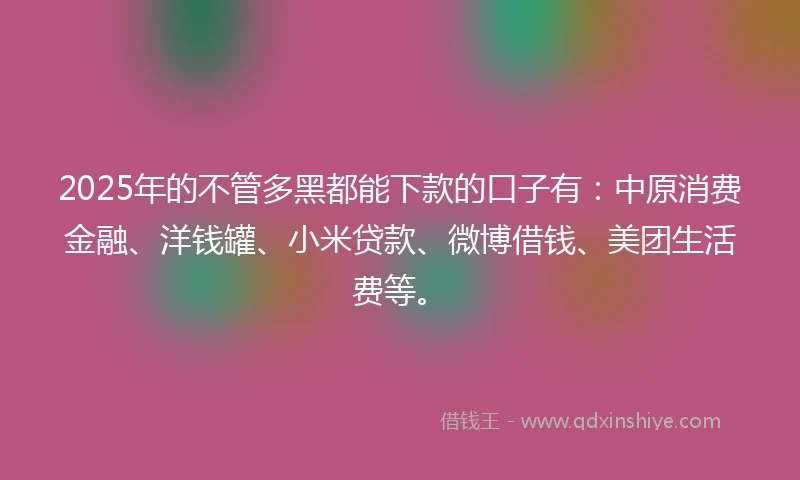 2025年的不管多黑都能下款的口子有：中原消费金融、洋钱罐、小米贷款、微博借钱、美团生活费等。