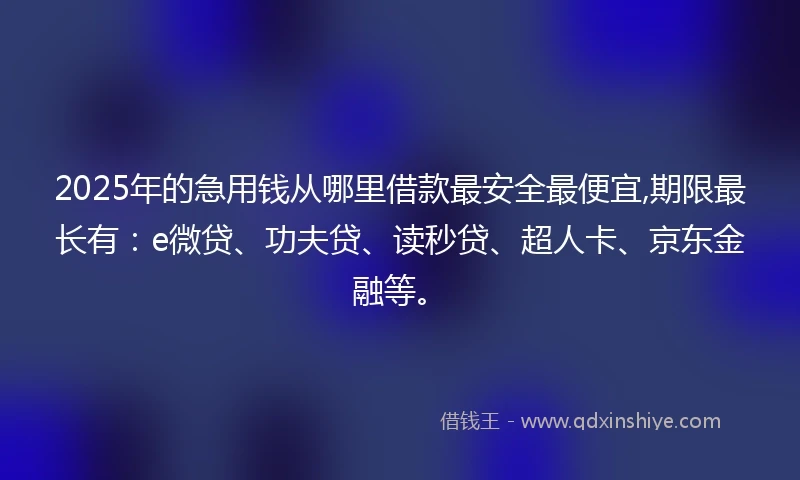 2025年的急用钱从哪里借款最安全最便宜,期限最长有：e微贷、功夫贷、读秒贷、超人卡、京东金融等。