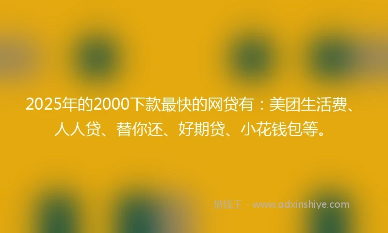 2025年的2000下款最快的网贷有：美团生活费、人人贷、替你还、好期贷、小花钱包等。