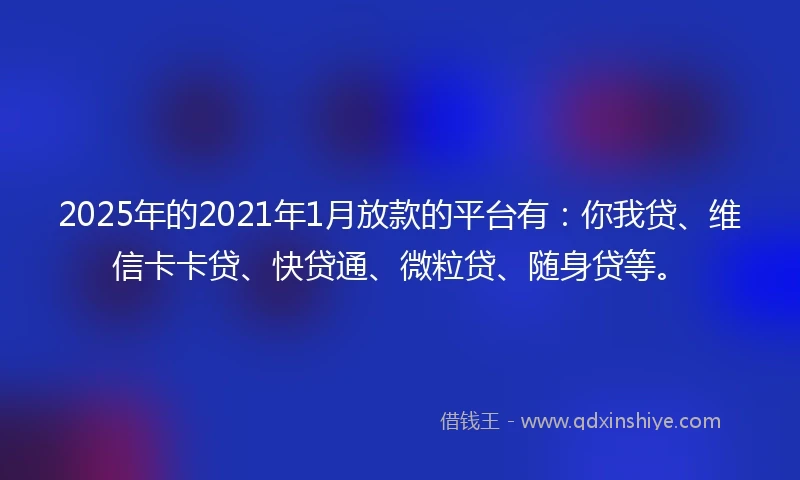 2025年的2021年1月放款的平台有:你我贷、维信卡卡贷、快贷通、微粒贷、随身贷等。