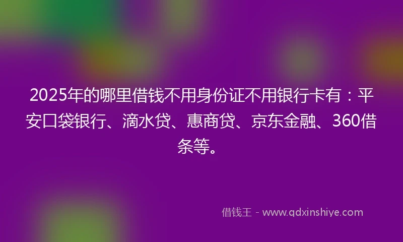2025年的哪里借钱不用身份证不用银行卡有：平安口袋银行、滴水贷、惠商贷、京东金融、360借条等。