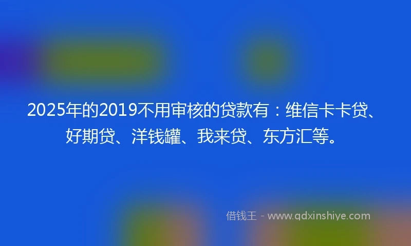 2025年的2019不用审核的贷款有：维信卡卡贷、好期贷、洋钱罐、我来贷、东方汇等。