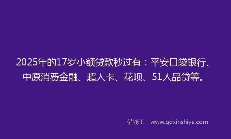 2025年的17岁小额贷款秒过有：平安口袋银行、中原消费金融、超人卡、花呗、51人品贷等。