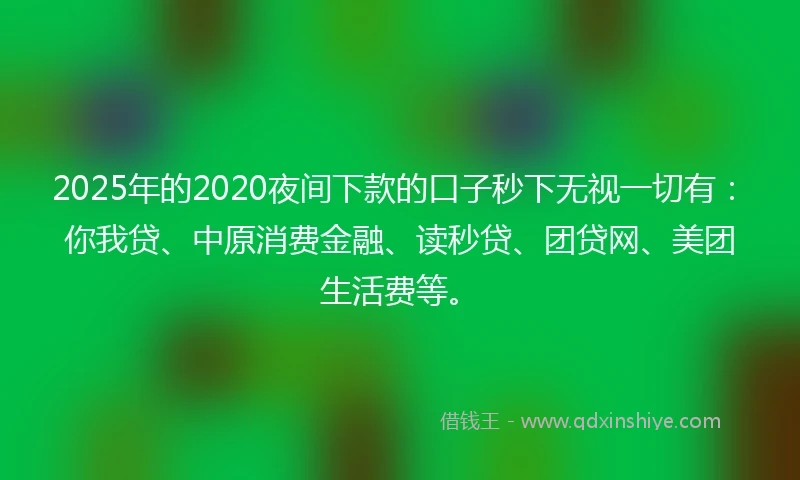 2025年的2020夜间下款的口子秒下无视一切有：你我贷、中原消费金融、读秒贷、团贷网、美团生活费等。
