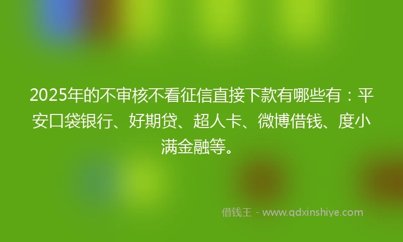 2025年的不审核不看征信直接下款有哪些有：平安口袋银行、好期贷、超人卡、微博借钱、度小满金融等。
