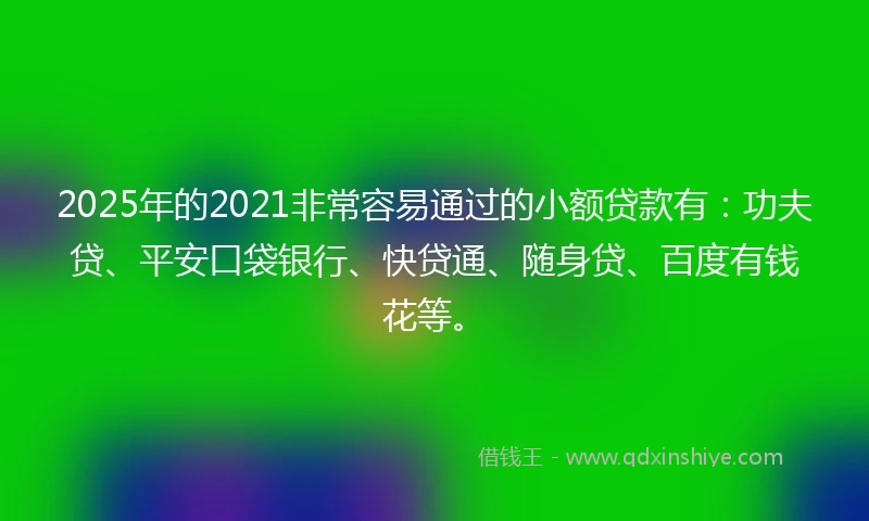 2025年的2021非常容易通过的小额贷款有：功夫贷、平安口袋银行、快贷通、随身贷、百度有钱花等。