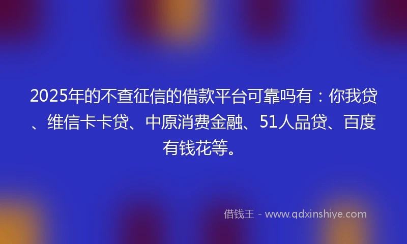 2025年的不查征信的借款平台可靠吗有：你我贷、维信卡卡贷、中原消费金融、51人品贷、百度有钱花等。