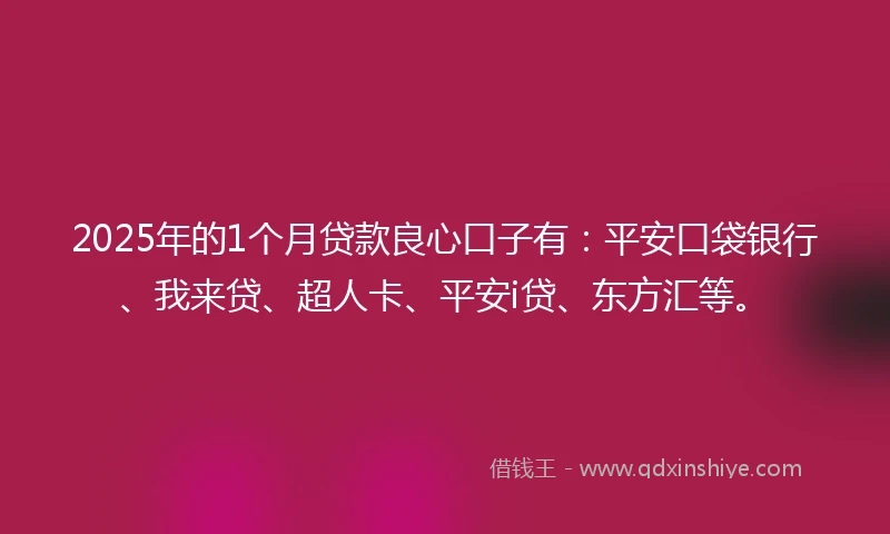 2025年的1个月贷款良心口子有：平安口袋银行、我来贷、超人卡、平安i贷、东方汇等。