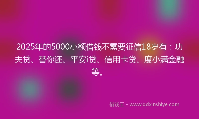 2025年的5000小额借钱不需要征信18岁有：功夫贷、替你还、平安i贷、信用卡贷、度小满金融等。