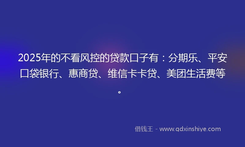 2025年的不看风控的贷款口子有：分期乐、平安口袋银行、惠商贷、维信卡卡贷、美团生活费等。