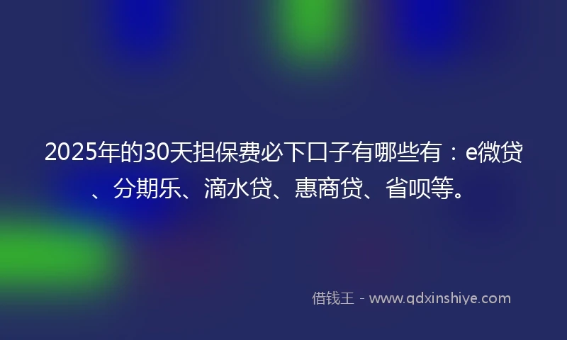 2025年的30天担保费必下口子有哪些有：e微贷、分期乐、滴水贷、惠商贷、省呗等。