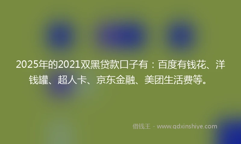 2025年的2021双黑贷款口子有：百度有钱花、洋钱罐、超人卡、京东金融、美团生活费等。