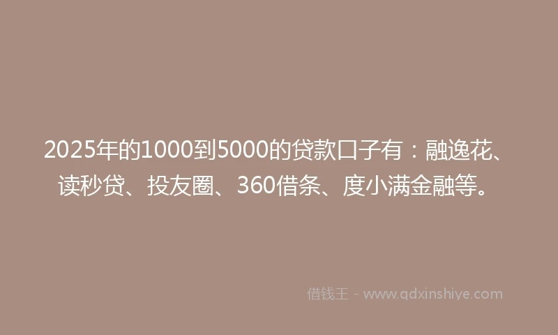 2025年的1000到5000的贷款口子有：融逸花、读秒贷、投友圈、360借条、度小满金融等。