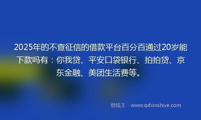 2025年的不查征信的借款平台百分百通过20岁能下款吗有：你我贷、平安口袋银行、拍拍贷、京东金融、美团生活费等。