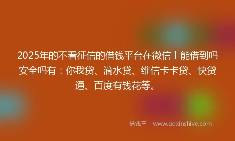 2025年的不看征信的借钱平台在微信上能借到吗安全吗有：你我贷、滴水贷、维信卡卡贷、快贷通、百度有钱花等。