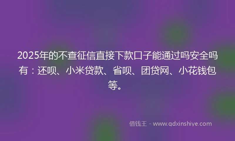 2025年的不查征信直接下款口子能通过吗安全吗有：还呗、小米贷款、省呗、团贷网、小花钱包等。