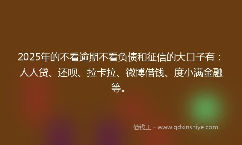 2025年的不看逾期不看负债和征信的大口子有：人人贷、还呗、拉卡拉、微博借钱、度小满金融等。