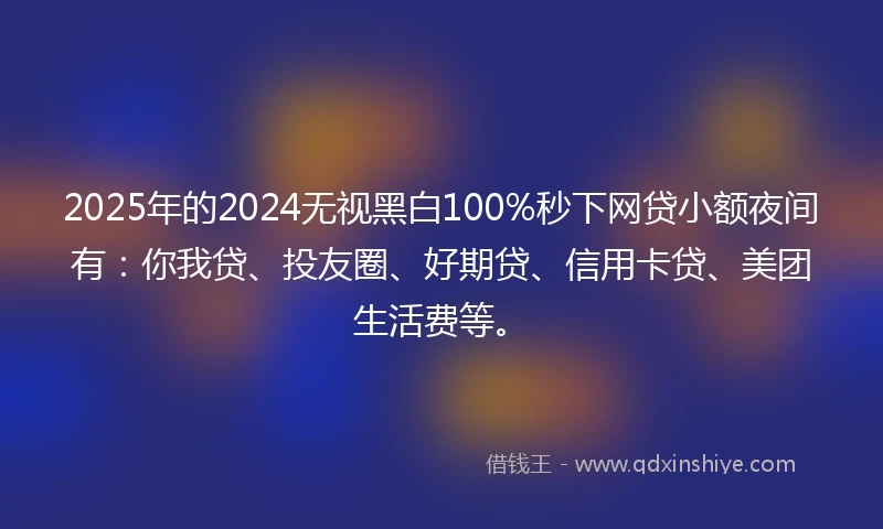 2025年的2024无视黑白100%秒下网贷小额夜间有：你我贷、投友圈、好期贷、信用卡贷、美团生活费等。