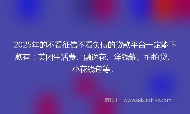 2025年的不看征信不看负债的贷款平台一定能下款有：美团生活费、融逸花、洋钱罐、拍拍贷、小花钱包等。