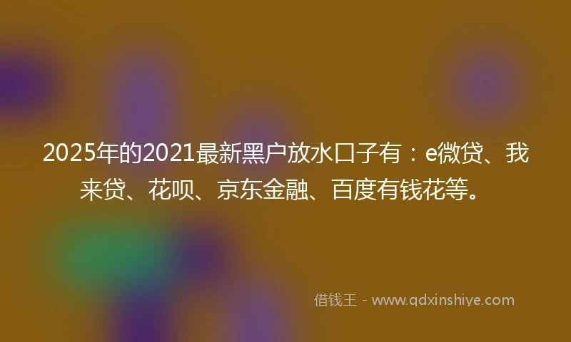 2025年的2021最新黑户放水口子有：e微贷、我来贷、花呗、京东金融、百度有钱花等。