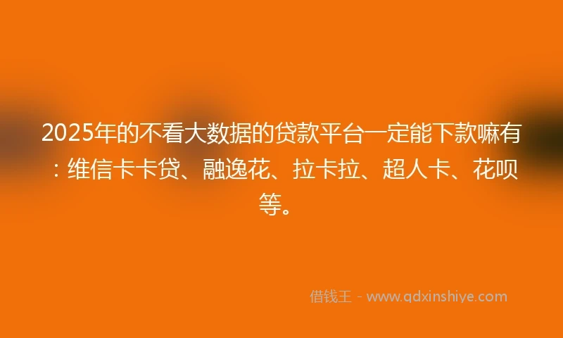 2025年的不看大数据的贷款平台一定能下款嘛有：维信卡卡贷、融逸花、拉卡拉、超人卡、花呗等。