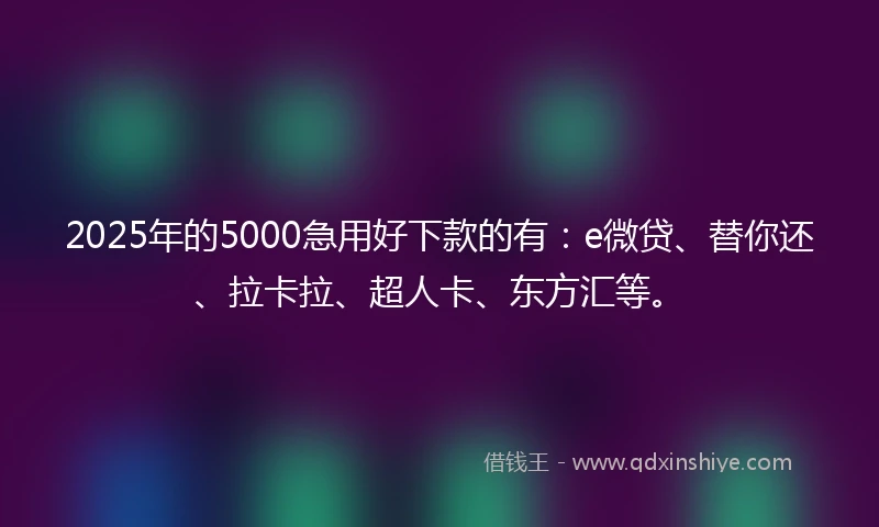 2025年的5000急用好下款的有：e微贷、替你还、拉卡拉、超人卡、东方汇等。