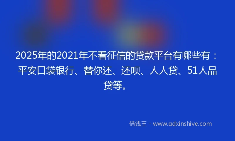 2025年的2021年不看征信的贷款平台有哪些有：平安口袋银行、替你还、还呗、人人贷、51人品贷等。