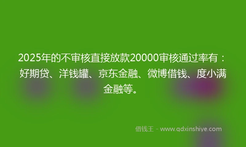 2025年的不审核直接放款20000审核通过率有：好期贷、洋钱罐、京东金融、微博借钱、度小满金融等。