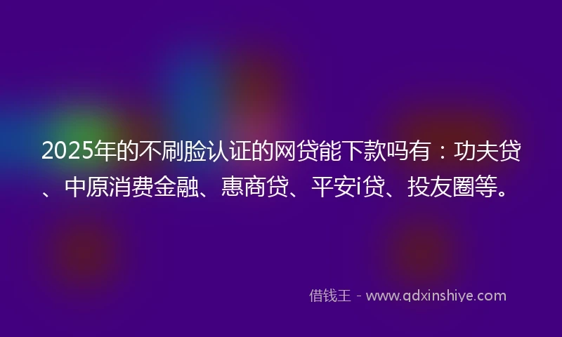 2025年的不刷脸认证的网贷能下款吗有：功夫贷、中原消费金融、惠商贷、平安i贷、投友圈等。