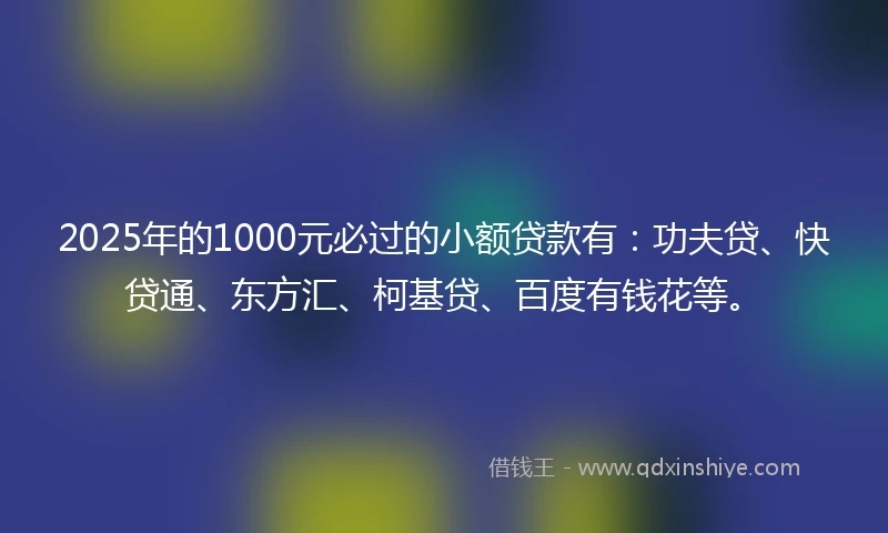 2025年的1000元必过的小额贷款有：功夫贷、快贷通、东方汇、柯基贷、百度有钱花等。