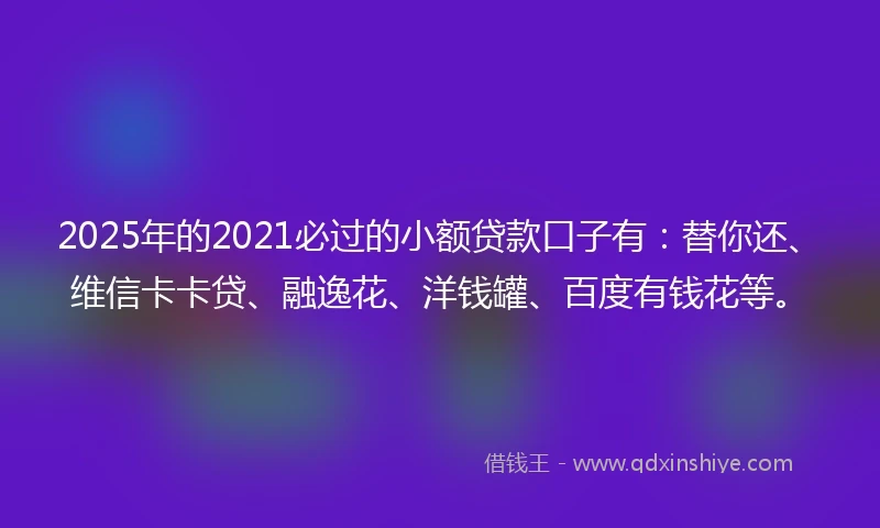 2025年的2021必过的小额贷款口子有：替你还、维信卡卡贷、融逸花、洋钱罐、百度有钱花等。