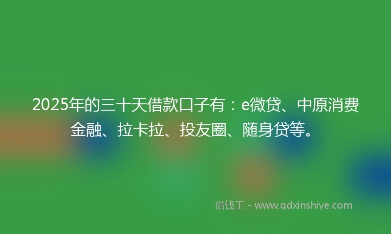 2025年的三十天借款口子有：e微贷、中原消费金融、拉卡拉、投友圈、随身贷等。