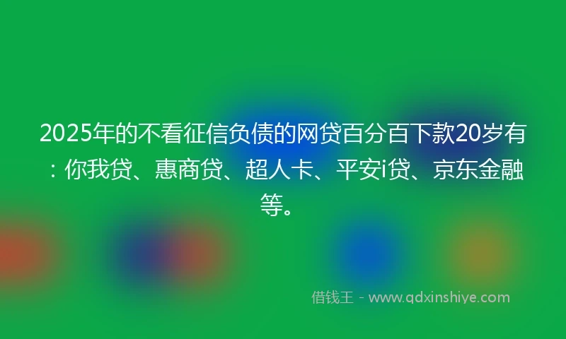 2025年的不看征信负债的网贷百分百下款20岁有：你我贷、惠商贷、超人卡、平安i贷、京东金融等。
