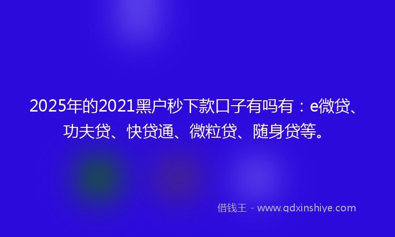 2025年的2021黑户秒下款口子有吗有：e微贷、功夫贷、快贷通、微粒贷、随身贷等。