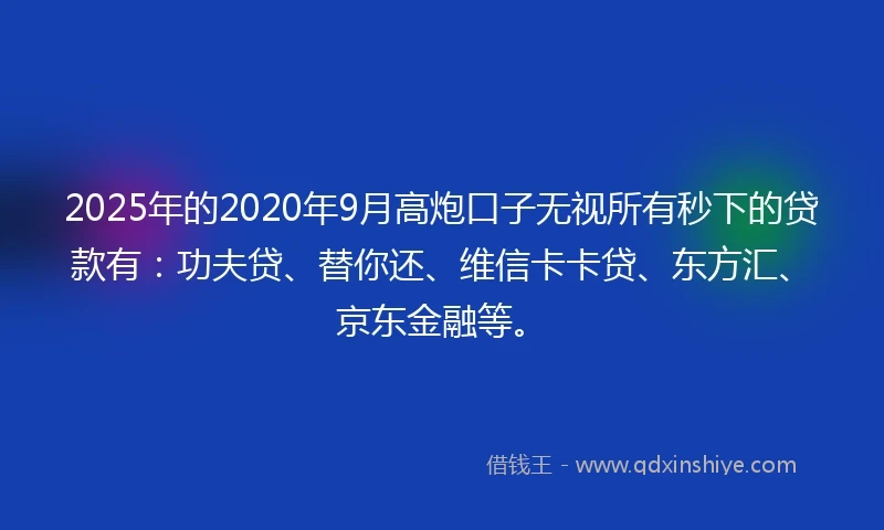 2025年的2020年9月高炮口子无视所有秒下的贷款有：功夫贷、替你还、维信卡卡贷、东方汇、京东金融等。