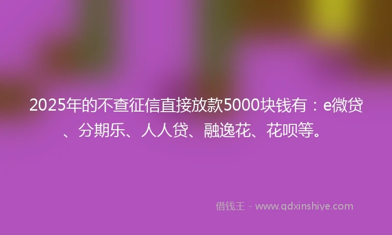 2025年的不查征信直接放款5000块钱有：e微贷、分期乐、人人贷、融逸花、花呗等。