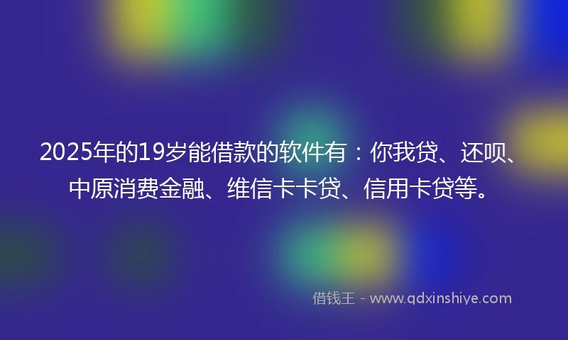 2025年的19岁能借款的软件有：你我贷、还呗、中原消费金融、维信卡卡贷、信用卡贷等。