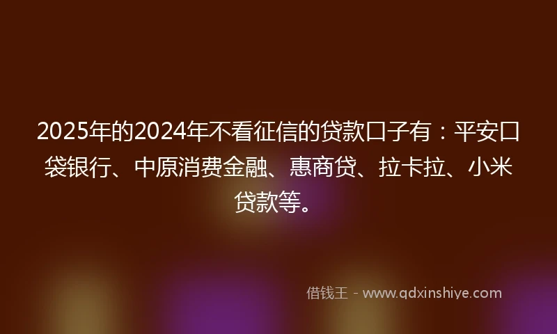 2025年的2024年不看征信的贷款口子有：平安口袋银行、中原消费金融、惠商贷、拉卡拉、小米贷款等。