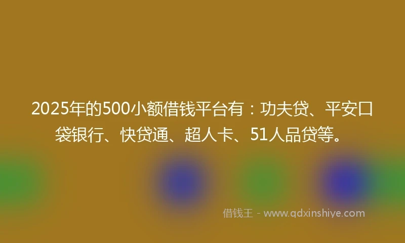 2025年的500小额借钱平台有：功夫贷、平安口袋银行、快贷通、超人卡、51人品贷等。