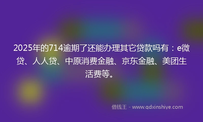 2025年的714逾期了还能办理其它贷款吗有：e微贷、人人贷、中原消费金融、京东金融、美团生活费等。