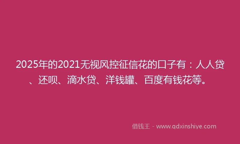 2025年的2021无视风控征信花的口子有：人人贷、还呗、滴水贷、洋钱罐、百度有钱花等。