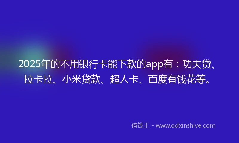 2025年的不用银行卡能下款的app有：功夫贷、拉卡拉、小米贷款、超人卡、百度有钱花等。