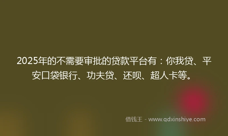 2025年的不需要审批的贷款平台有：你我贷、平安口袋银行、功夫贷、还呗、超人卡等。